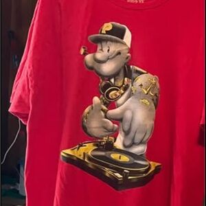 Red Graphic T-Shirt with Cartoon DJ Design